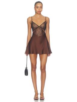 MAJORELLE - Lace Panel Women's Satin Babydoll Brown