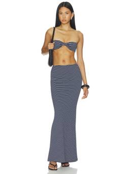 MORE TO COME - Marcela Women's Strapless Striped Two Piece Set Navy Blue