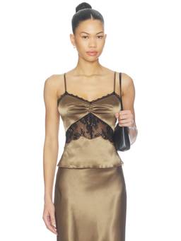MORE TO COME - Bethanie Women's Lace Trim Adjustable Strap Satin Cami Top Bronze
