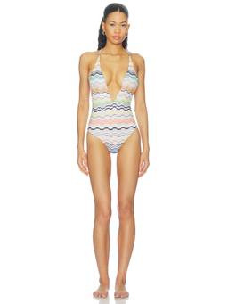 Missoni - Chevron Stripe Women's Deep V-Neck Mesh One-Piece Swimsuit Multi-Color