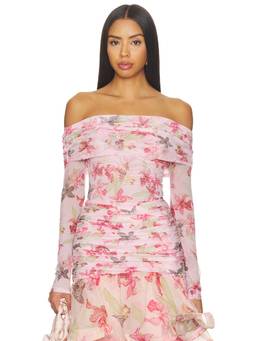 PatBO - Orchid Bloom Women's Floral Mesh Off-Shoulder Bodysuit Pink