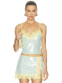 Retrofete - Mik Women's Sequin Lace Trim Camisole Top Blue