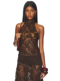 SIEDRES - Sheer Knit Women's Halter Neck Bodysuit Brown