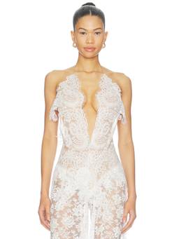 The Dolls House - Lace Plunge Women's Halter Neck Floral Bodysuit White