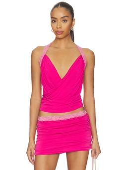 Tiger Mist - Persi Cross Front Women's Lace Trim Ruched Bodysuit Pink