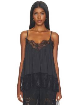 WeWoreWhat - Lace Voile Women's Adjustable Strap Lace Trim Cami Top Black
