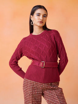 RSVP by Nykaa Fashion - Dark Pink Textured Crew Neck Sweater