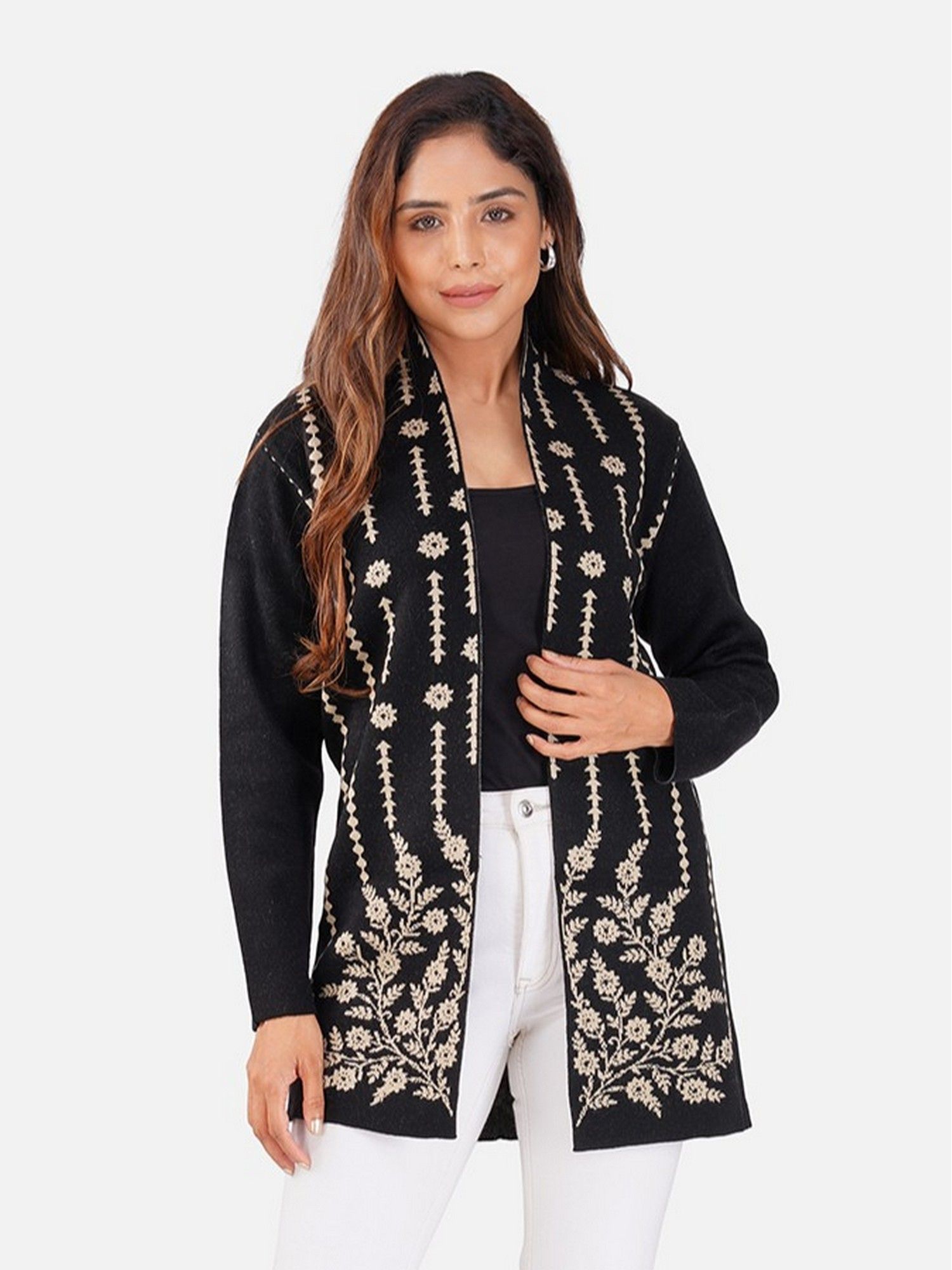 joe hazel Elegant Black Woolen Embroidered Long Shrug-picture-42