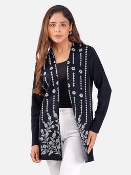 JOE Hazel - Elegant Navy Blue Woolen Embroidered Long Shrug