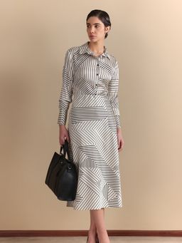 FableStreet - White Striped Collared Shirt and A-Line Skirt