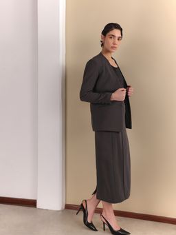 FableStreet - Grey Smooth Slim Fit Blazer and Skirt
