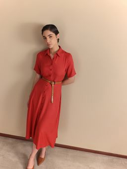 FableStreet - Viscose Fit and Flare Collared Rust Dress