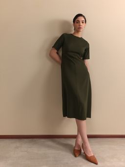 FableStreet - Polyester Fit and Flare Round Neck Olive Dress