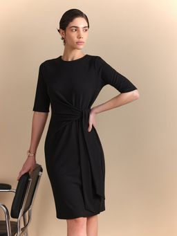 FableStreet - Poly Knit Slim Fit Half Sleeve Round Neck Black Dress
