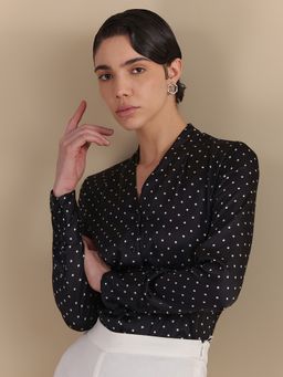 FableStreet - Satin Relaxed Fit Polka Dot Black Shirt