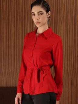 FableStreet - Red Gathered Waist Shirt