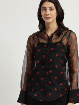 FableStreet - Classic Heart Printed Bell Cuff Satin Shirt