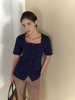 FableStreet - Tailored Fit Square Neck Navy Blue Top