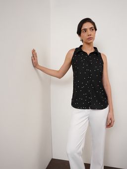 FableStreet - Polka Dots Sleeveless Point Collar Black Top