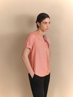 FableStreet - Woven Regular Fit Mandarin Collar Peach Top