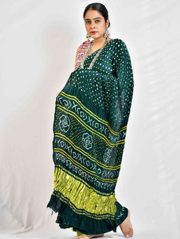 Sundarii - Mira - Rai Bandhej Zari Pallu Gajji Silk Green Saree with Unstitched Blouse