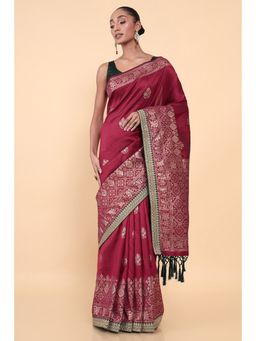 Soch - Women Maroon Silk Woven Saree with Unstitched Blouse