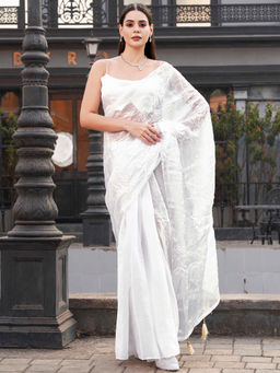 Tikhi Imli - White Colored Crushed Saree with Unstitched Blouse