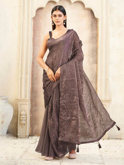 Tikhi Imli - Taupe Solid Crushed Saree with Unstitched Blouse