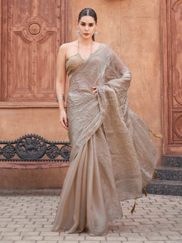 Tikhi Imli - Beige Colored Crushed Organza Saree with Unstitched Blouse