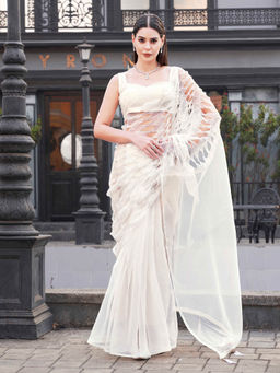 Tikhi Imli - White Organza Sequined Saree with Unstitched Blouse