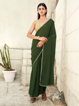 Tikhi Imli - Green Pre-Draped Saree with Unstitched Blouse