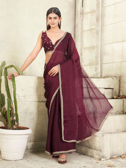 Tikhi Imli - Magenta Wrinkled Saree with Unstitched Blouse