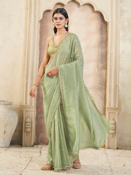 Tikhi Imli - Pista Green Crunchy Saree with Unstitched Blouse