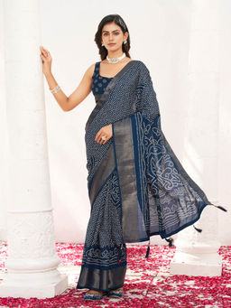 Tikhi Imli - Navy Blue Bandani Pre-Draped Saree with Unstitched Blouse