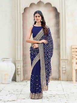 Tikhi Imli - Navy Blue Zari Embroidered Saree with Unstitched Blouse