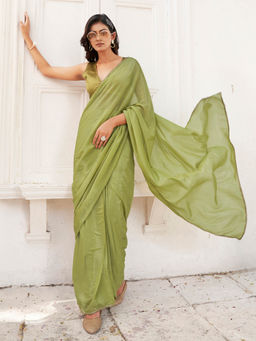 Tikhi Imli - Green Pre-Draped Saree with Unstitched Blouse