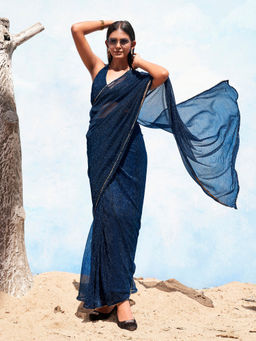 Tikhi Imli - Blue Colored Shimmer Pre-Draped Saree with Unstitched Blouse