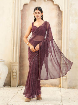 Tikhi Imli - Wine Colored Shimmer Pre-Draped Saree with Unstitched Blouse