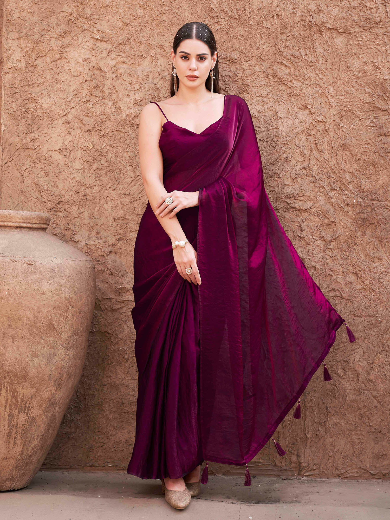 tikhi imli Wine Colored Shimmer Pre-Draped Saree with Unstitched Blouse-picture-14