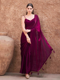 Tikhi Imli - Wine Colored Shimmer Pre-Draped Saree with Unstitched Blouse