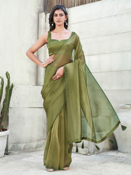 Tikhi Imli - Two Tone Green Tissue Saree with Unstitched Blouse