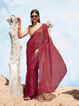 Tikhi Imli - Pink Colored Shimmer Pre-Draped Saree with Unstitched Blouse