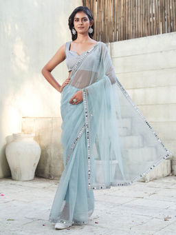 Tikhi Imli - Blue Shimmer Net Saree with Unstitched Blouse