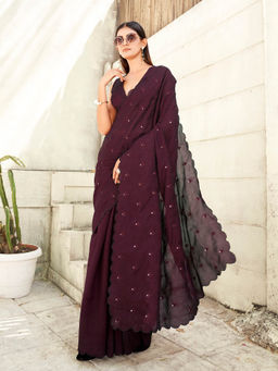 Tikhi Imli - Maroon Embroidered Saree with Unstitched Blouse