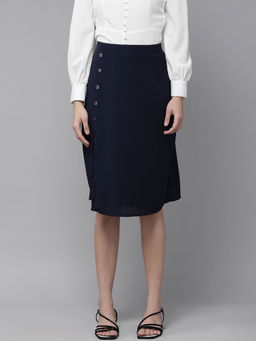 RARE - Women Casual Navy Blue Solid Midi Skirt