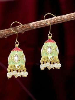 OOMPH - Green Meenakari Kundan & Pearls Small Ethnic Jhumka Earrings for Women