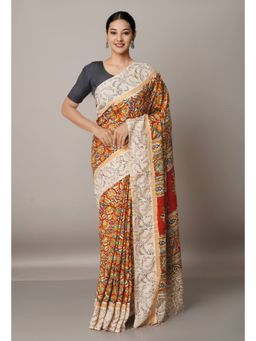 Unnati Silks - Multi Pure Kalamkari Block Printed Silk Saree with Unstitched Blouse