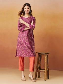 Fabindia - Purple Cotton Silk Printed Kurta