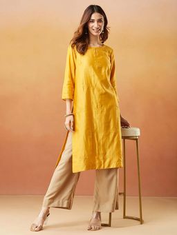 Fabindia - Yellow Cotton Silk Solid Long Kurta