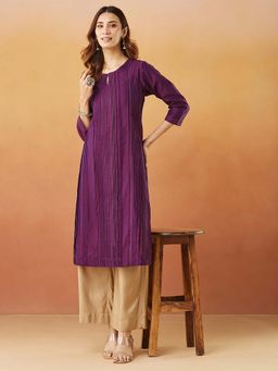 Fabindia - Purple Cotton Silk Self Design Long Kurta